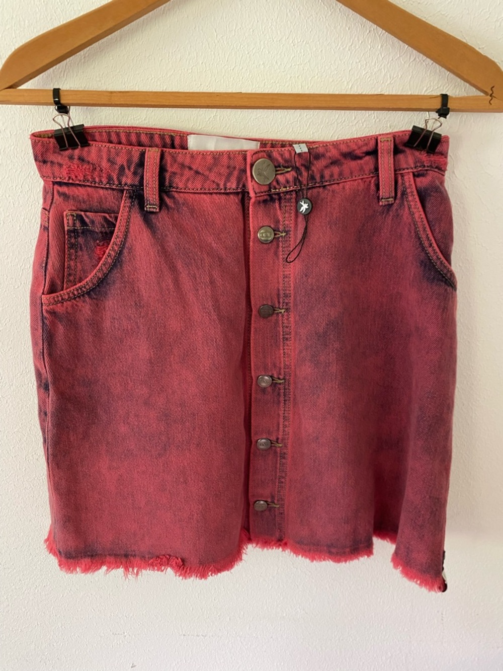 Oneteaspoon Button-Front Distressed Red Denim Skirt